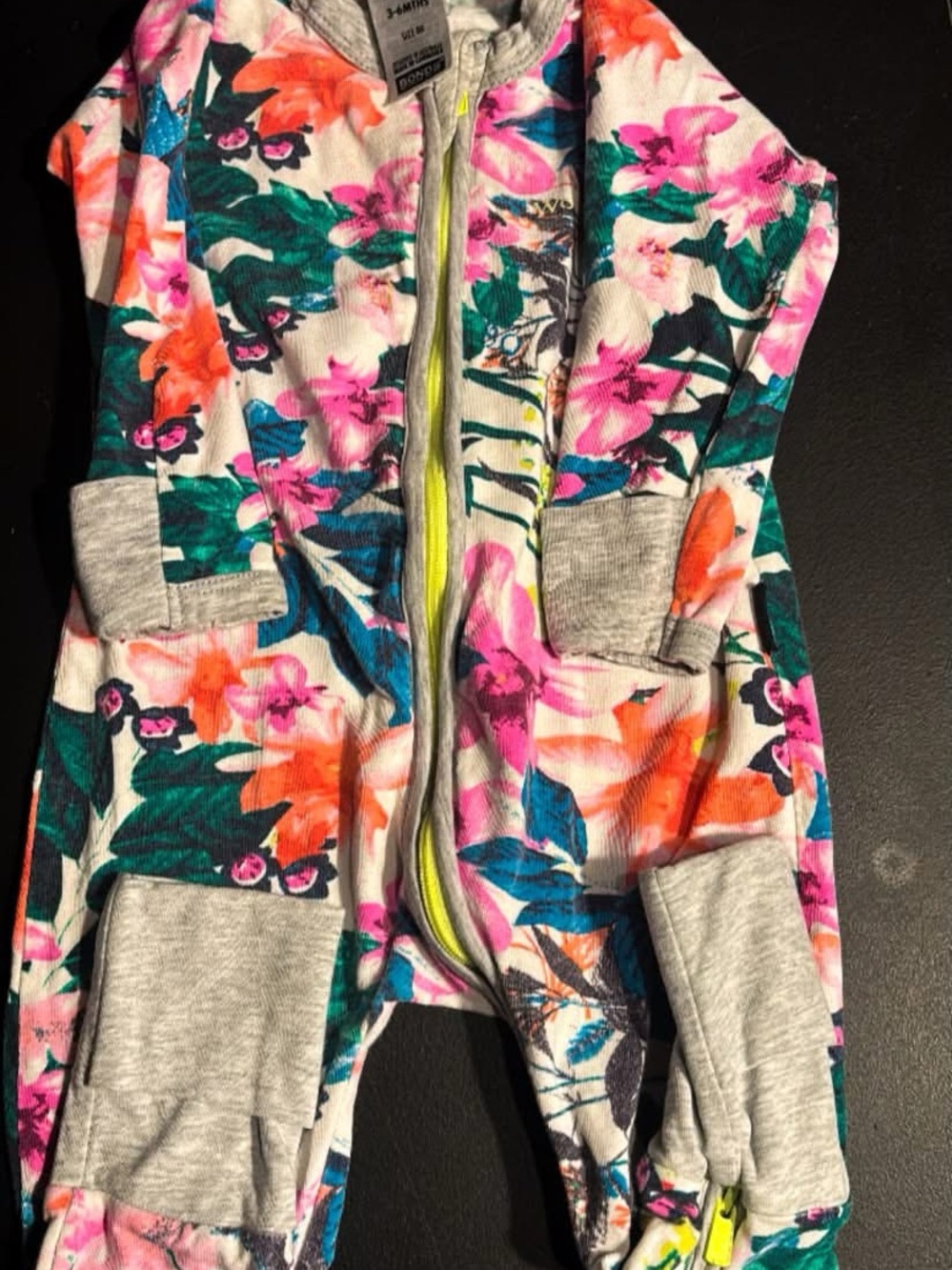 Girls Floral Zip Romper Pajama - Gray with Pink & Green Blooms